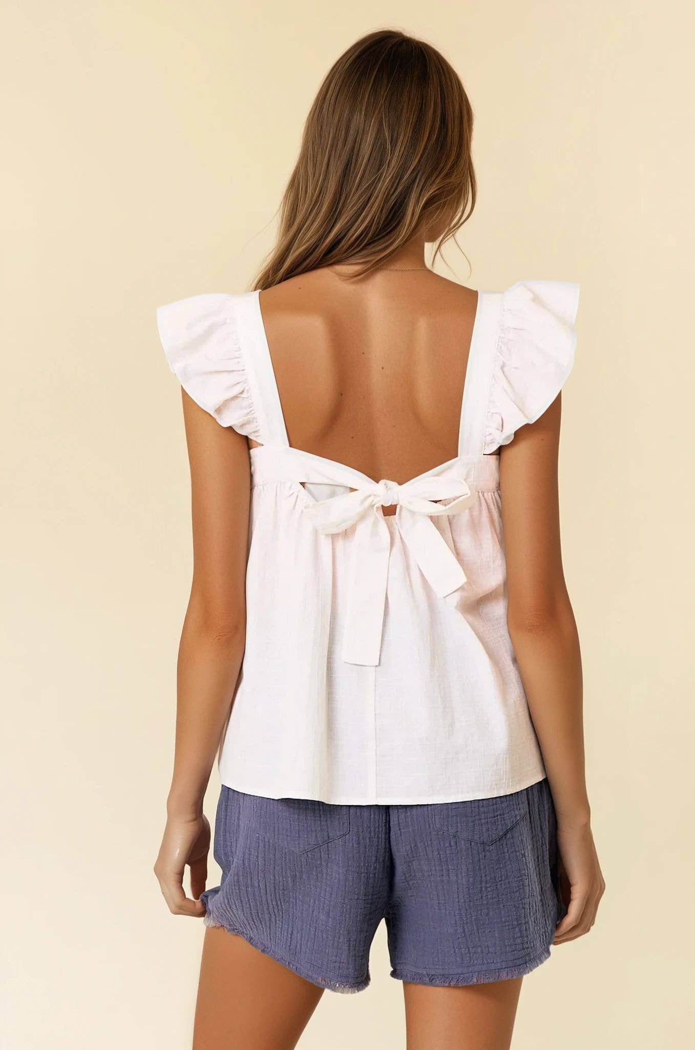 Flutter Sleeve Babydoll Top W/ Tie Back Detail