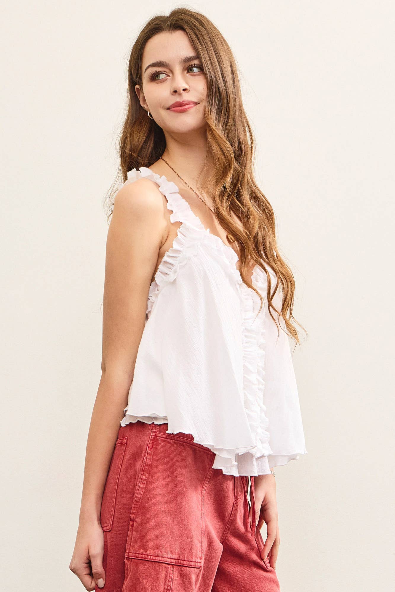 GATHERED RUFFLE STRAP V NECK TOP