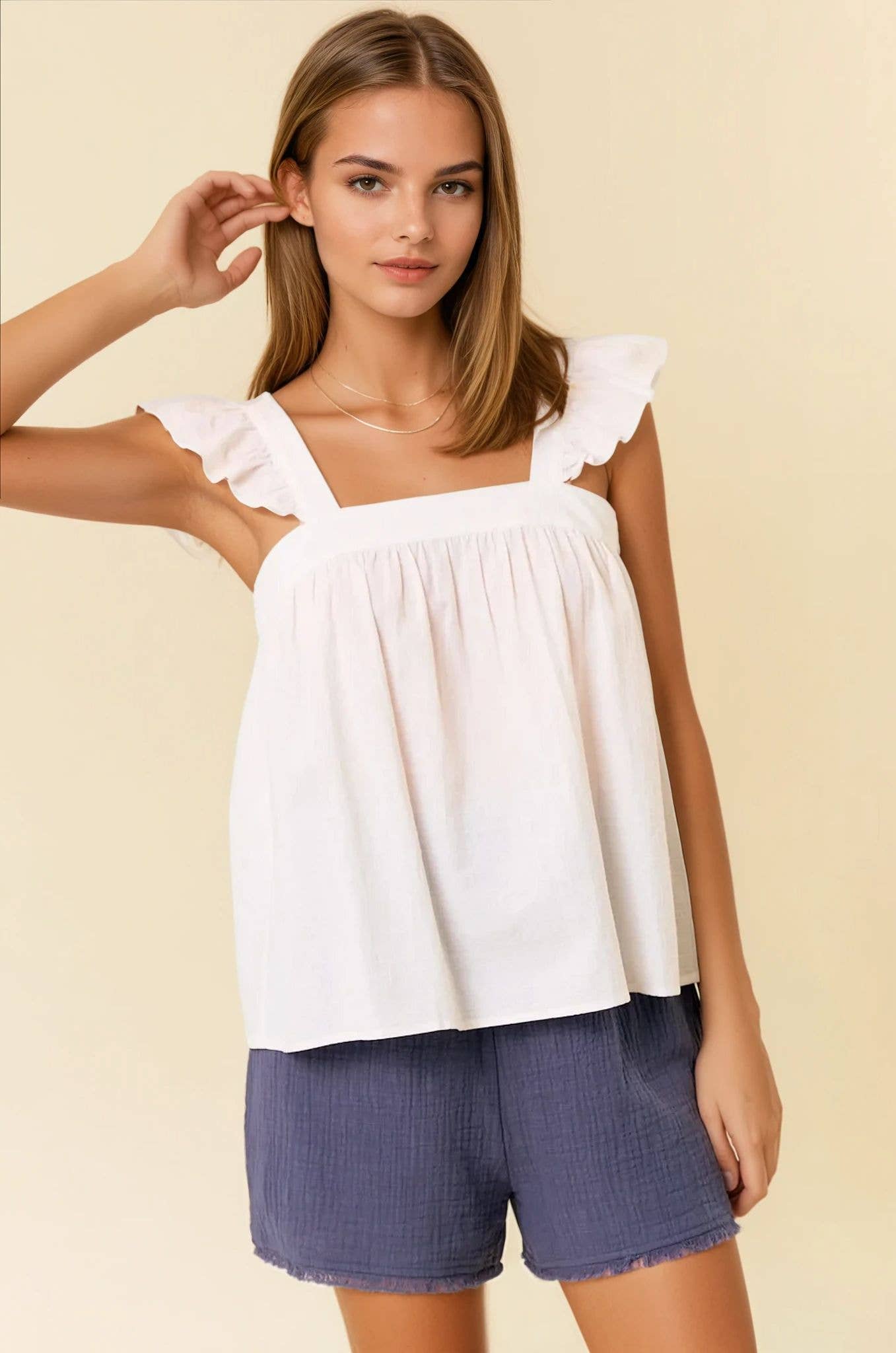 Flutter Sleeve Babydoll Top W/ Tie Back Detail