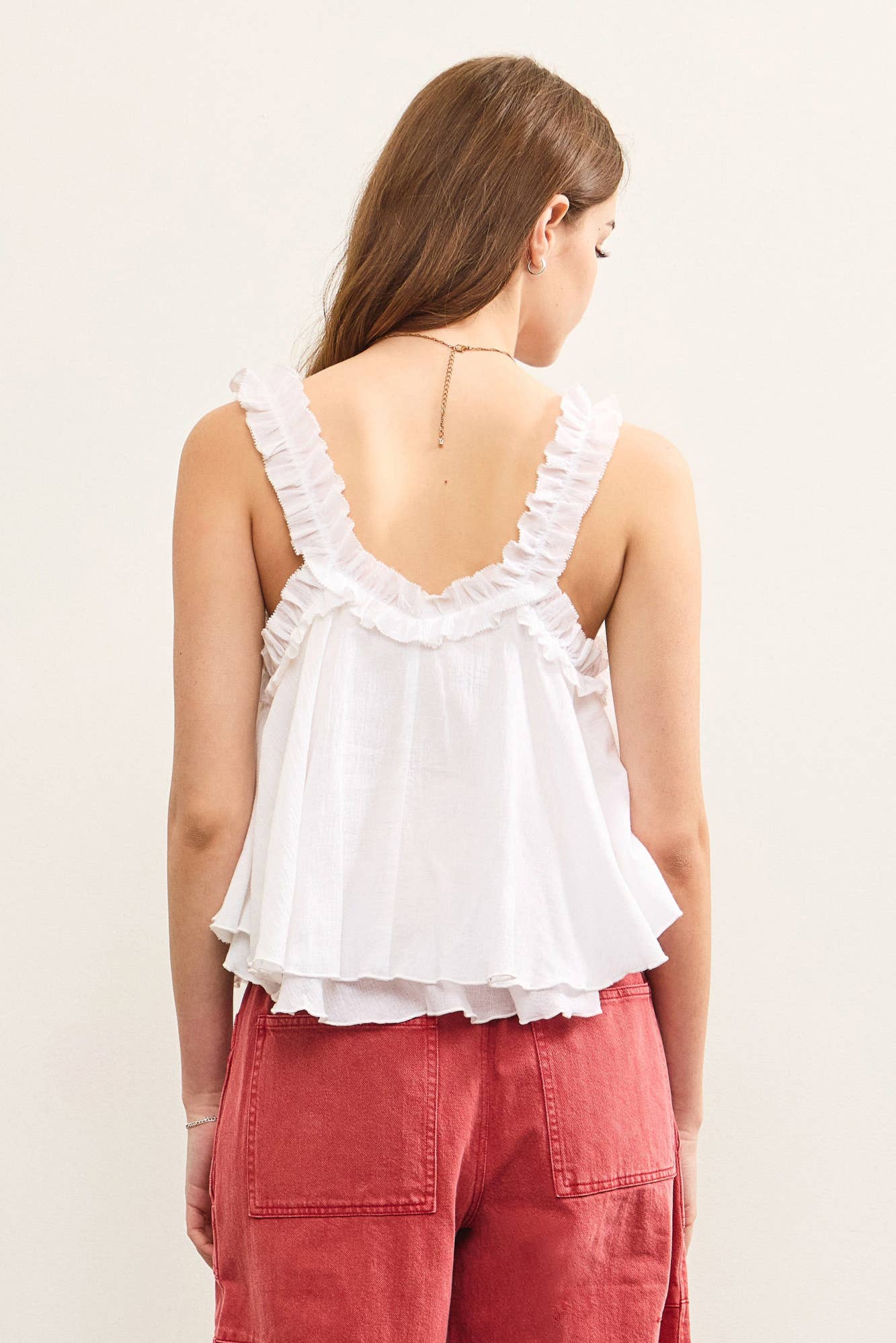 GATHERED RUFFLE STRAP V NECK TOP