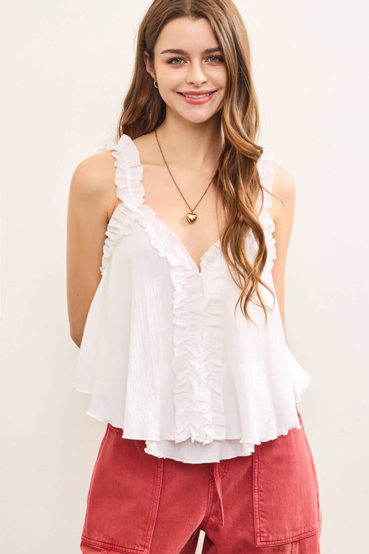 GATHERED RUFFLE STRAP V NECK TOP